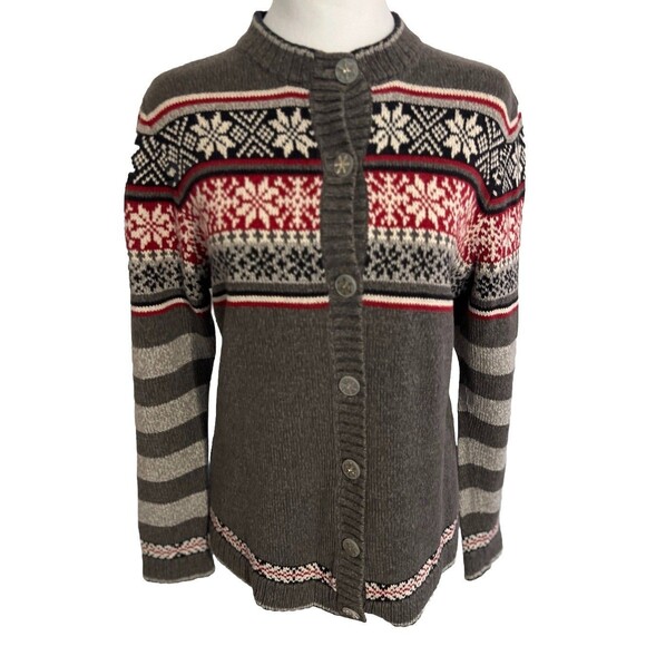 Woolrich Women’s Red and Gray Button Front Cardigan Fairisle Sweater Size Medium - Picture 1 of 10
